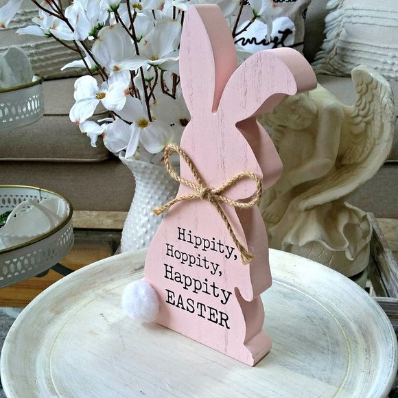 NEW! FARMHOUSE Solid WOOD Hippity HOPPITY EASTER BUNNY - Picture 3 of 3